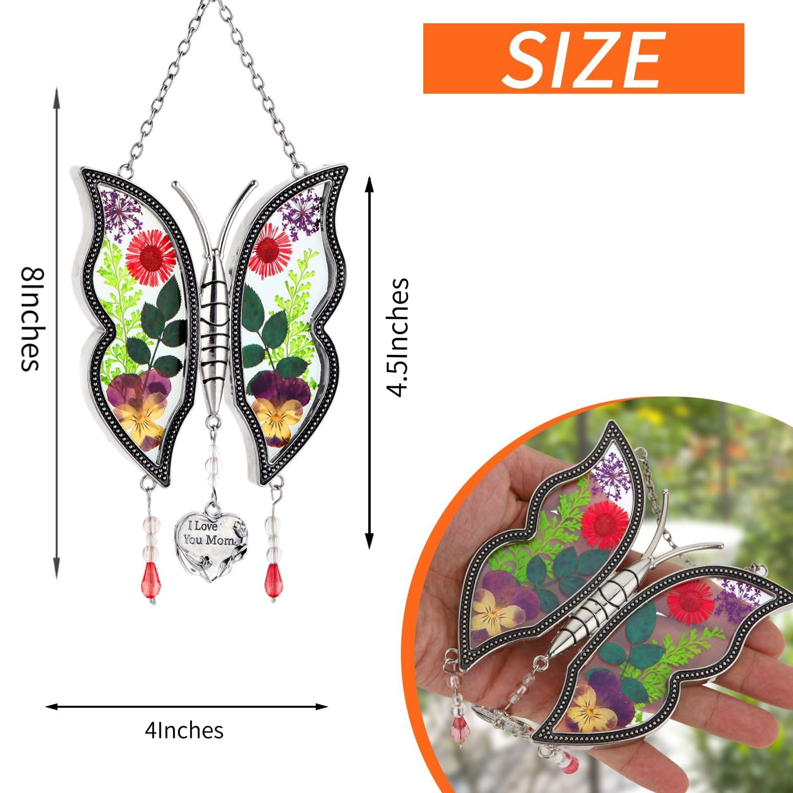 Gift for Mom Butterfly Suncatcher Mom Birthday gift I Love You Mom, Real flower glass handmade Mom Garden window decoration Mom Mother's Day Valentine's Day Birthday