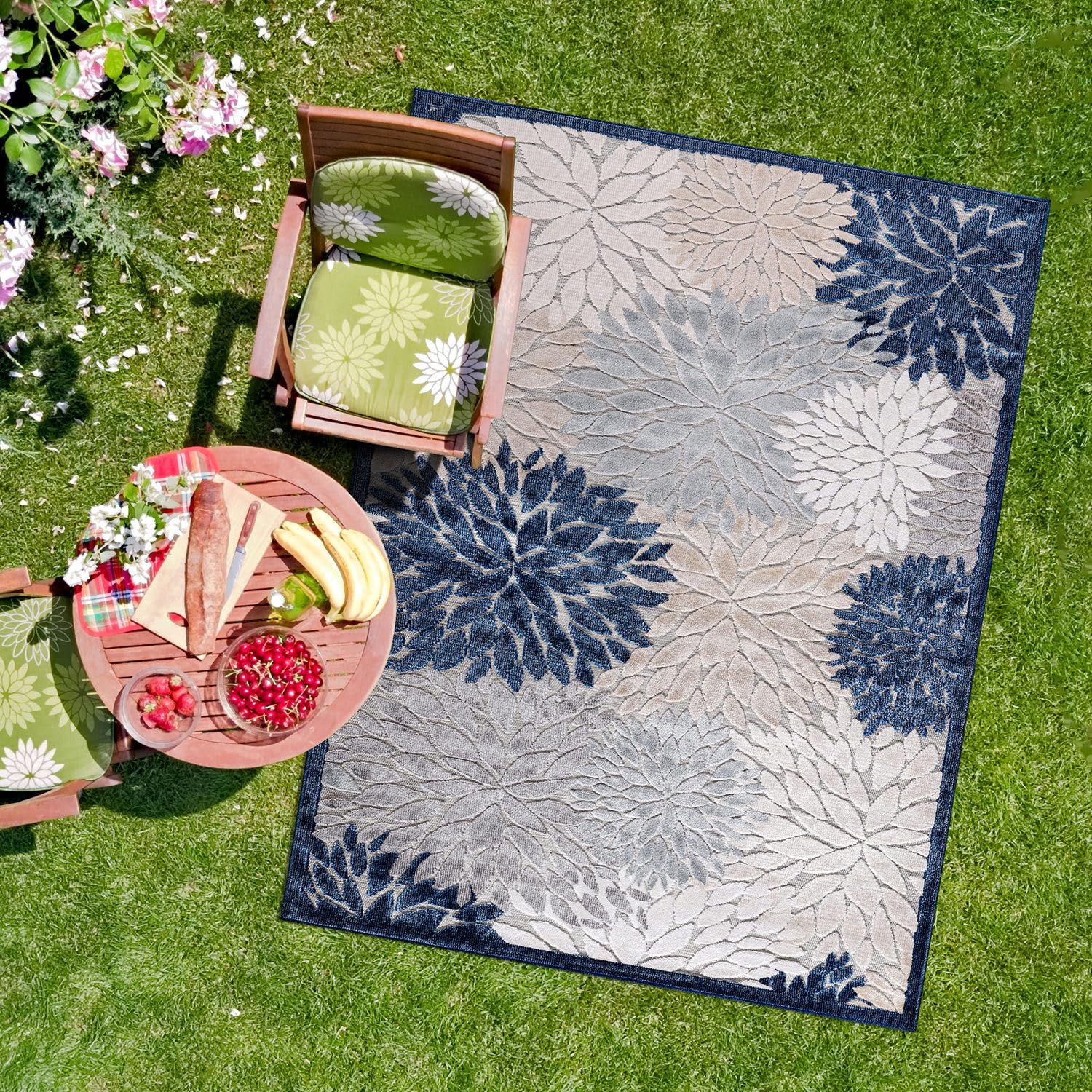 CAMILSON Indoor/Outdoor Rug Blue 5x7 Floral Exotic Tropical Area Rugs for Indoor and Outdoor patios, Easy-Cleaning Non-Shedding Living Room, Garden and Kitchen Washable Outside Carpet (5X 7)