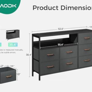 AODK Dresser with Charging Station, 52 Inches Long Dresser for Bedroom with 7 Large Fabric Drawers, Dresser TV Stand with Open Shelves for 55-Inch TV for Living Room, Dark Grey and Black