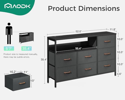 AODK Dresser with Charging Station, 52 Inches Long Dresser for Bedroom with 7 Large Fabric Drawers, Dresser TV Stand with Open Shelves for 55-Inch TV for Living Room, Dark Grey and Black