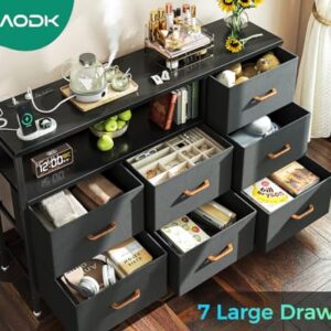 AODK Dresser with Charging Station, 52 Inches Long Dresser for Bedroom with 7 Large Fabric Drawers, Dresser TV Stand with Open Shelves for 55-Inch TV for Living Room, Dark Grey and Black