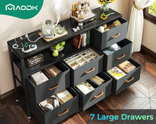 AODK Dresser with Charging Station, 52 Inches Long Dresser for Bedroom with 7 Large Fabric Drawers, Dresser TV Stand with Open Shelves for 55-Inch TV for Living Room, Dark Grey and Black