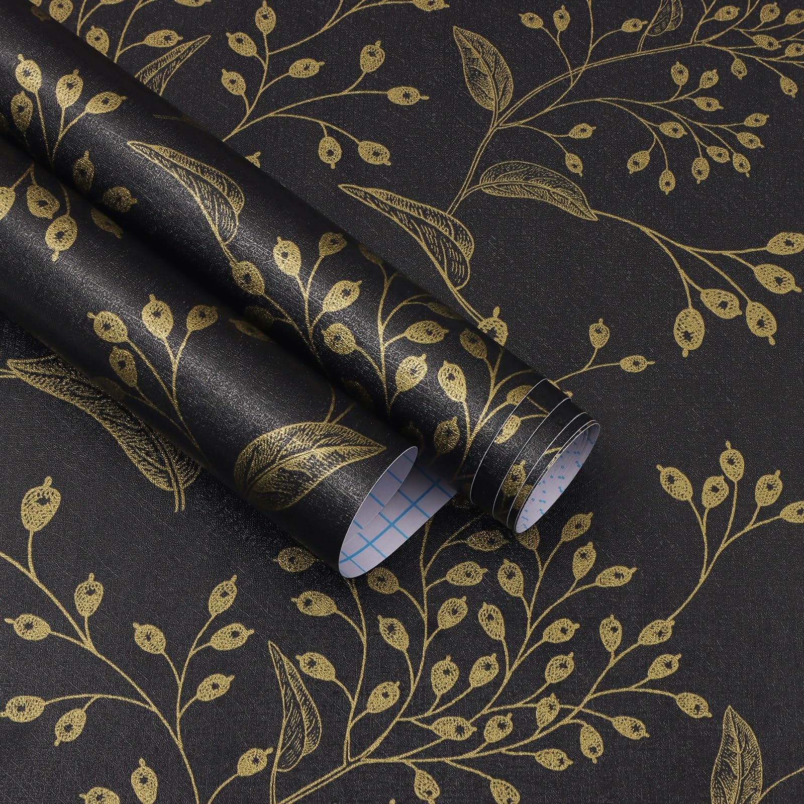 Heroad Brand Peel and Stick Wallpaper 196"x17.3" Black and Gold Wallpaper Boho Peel and Stick Wallpaper Floral Contact Paper Leaf Removable Wallpaper Self Adhesive for Cabinets Shelf Liner Vinyl Roll