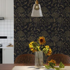 Heroad Brand Peel and Stick Wallpaper 196"x17.3" Black and Gold Wallpaper Boho Peel and Stick Wallpaper Floral Contact Paper Leaf Removable Wallpaper Self Adhesive for Cabinets Shelf Liner Vinyl Roll