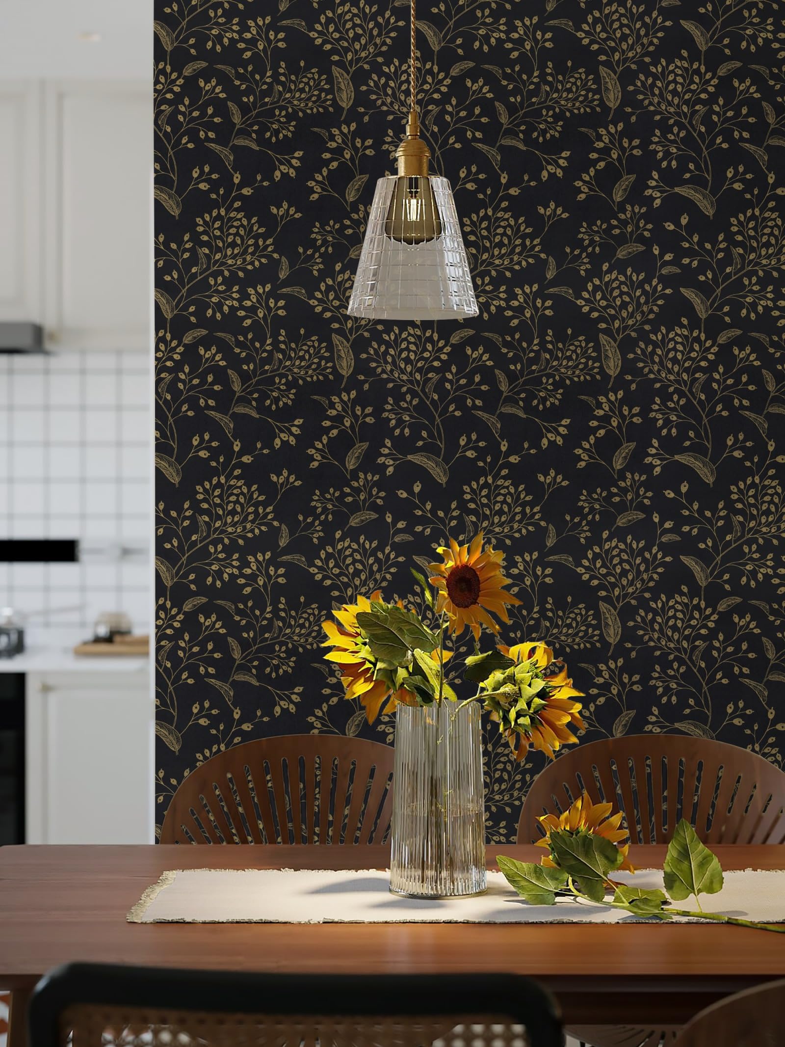 Heroad Brand Peel and Stick Wallpaper 196"x17.3" Black and Gold Wallpaper Boho Peel and Stick Wallpaper Floral Contact Paper Leaf Removable Wallpaper Self Adhesive for Cabinets Shelf Liner Vinyl Roll