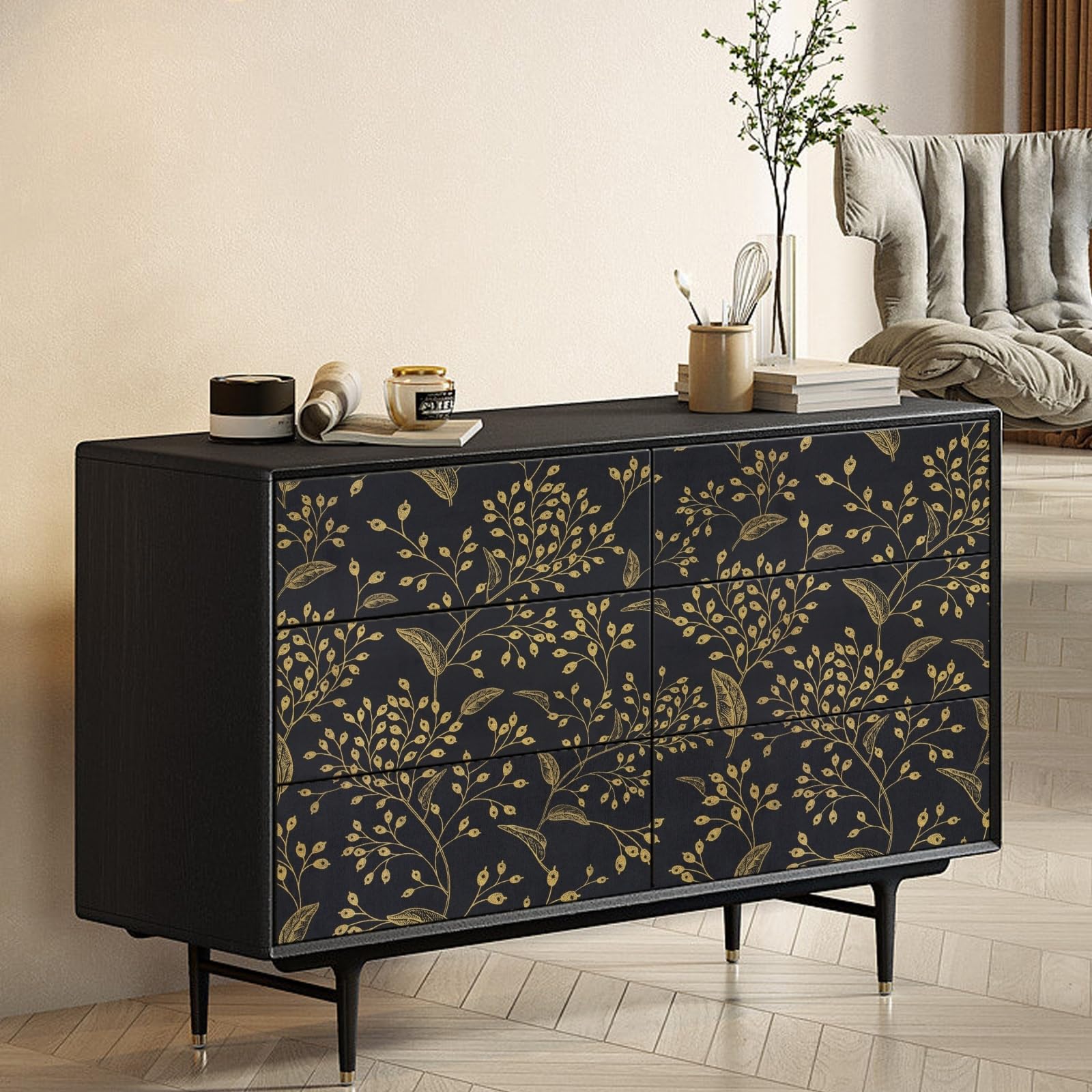 Heroad Brand Peel and Stick Wallpaper 196"x17.3" Black and Gold Wallpaper Boho Peel and Stick Wallpaper Floral Contact Paper Leaf Removable Wallpaper Self Adhesive for Cabinets Shelf Liner Vinyl Roll