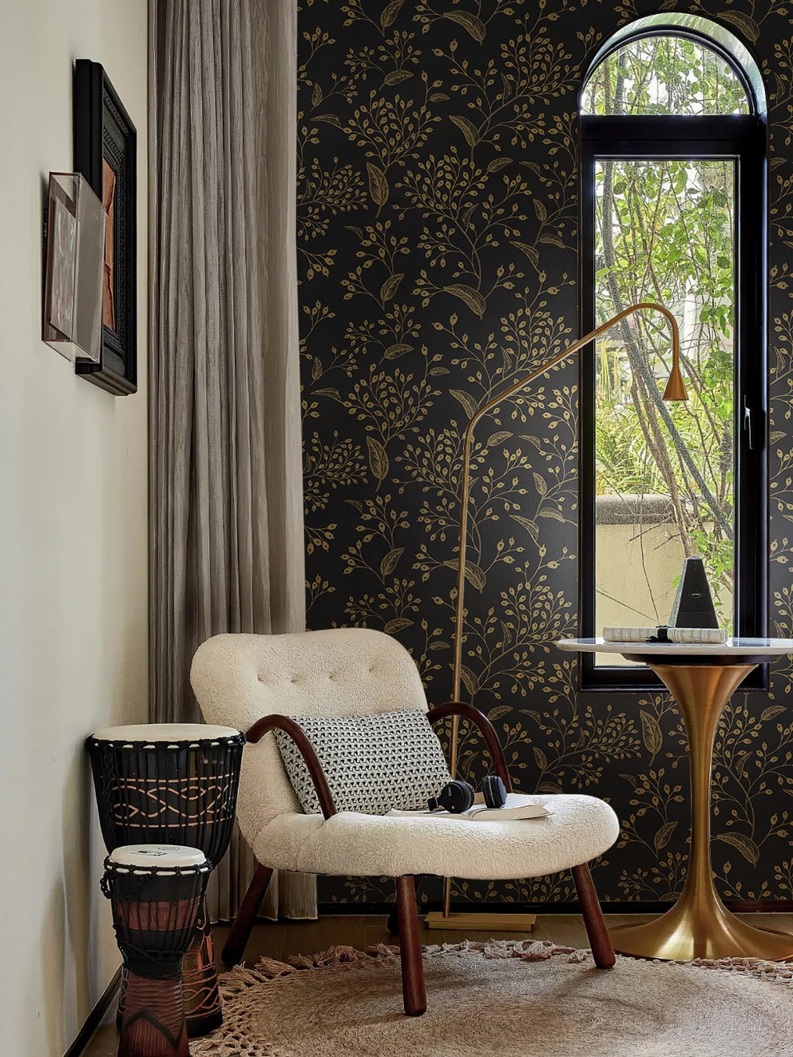 Heroad Brand Peel and Stick Wallpaper 196"x17.3" Black and Gold Wallpaper Boho Peel and Stick Wallpaper Floral Contact Paper Leaf Removable Wallpaper Self Adhesive for Cabinets Shelf Liner Vinyl Roll