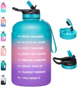 large 74 oz/half gallon motivational water bottle with 2 lids (chug and straw), bpa free sports drink water jug with time marker for camping sports workouts and outdoor activity