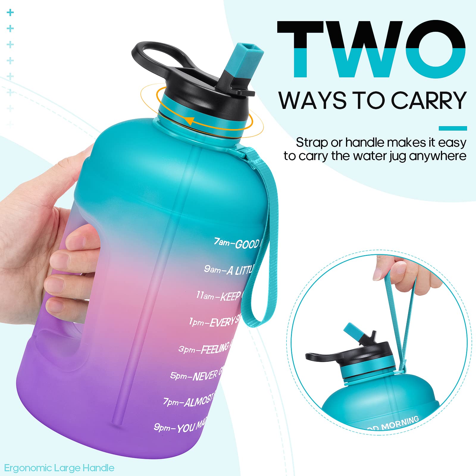 Large 74 oz/Half Gallon Motivational Water Bottle with 2 Lids (Chug and Straw), BPA Free Sports Drink Water Jug with Time Marker for Camping Sports Workouts and Outdoor Activity