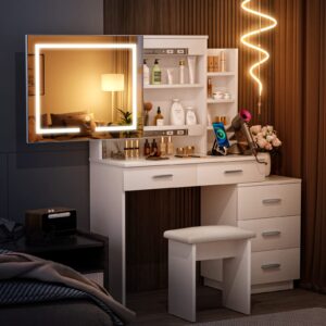 SMOOL 47" Large Vanity with Sliding Lighted Mirror, Makeup Vanity Desk with Power Outlet, 3 Color Lighting Modes Adjustable Brightness, Vanity Table Set with Movable 3-Drawer Chest and Shelves, White