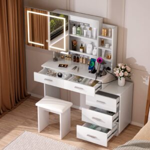 SMOOL 47" Large Vanity with Sliding Lighted Mirror, Makeup Vanity Desk with Power Outlet, 3 Color Lighting Modes Adjustable Brightness, Vanity Table Set with Movable 3-Drawer Chest and Shelves, White