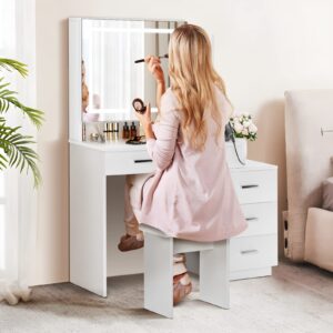 SMOOL 47" Large Vanity with Sliding Lighted Mirror, Makeup Vanity Desk with Power Outlet, 3 Color Lighting Modes Adjustable Brightness, Vanity Table Set with Movable 3-Drawer Chest and Shelves, White