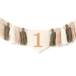 Boho 1st high chair banner - Wood Bead Tassel Garland,Boho birthday decor,Yarn tassel garland,Cake Smash Backdrop Banner,Birthday High Chair Yarn Tassel Banner,Girl's boho birthday,Baby Nursery Decor