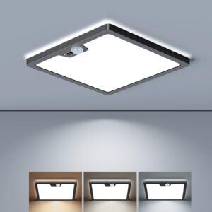 annaror motion sensor led ceiling light wired, 18w 1800lm flush mount light fixture with 3 timer, 3000k 4000k 5000k selectable, square motion ceiling light for closet porch stairs hallway, black