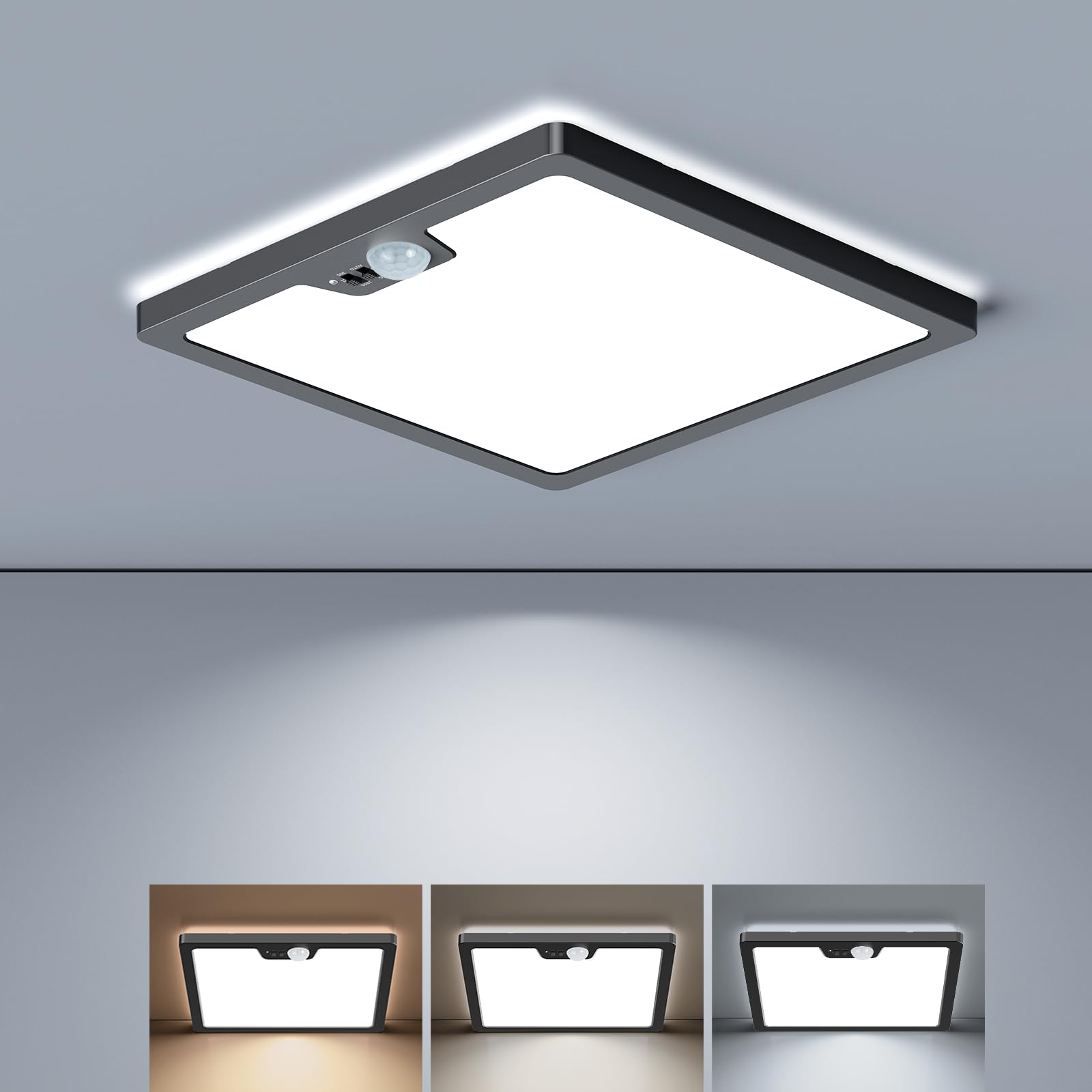 Annaror Motion Sensor LED Ceiling Light Wired, 18W 1800LM Flush Mount Light Fixture with 3 Timer, 3000K 4000K 5000K Selectable, Square Motion Ceiling Light for Closet Porch Stairs Hallway, Black