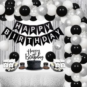 Black White Birthday Party Decorations for Him Her Silver Tablecloth Fringe Curtain Happy Birthday Party Table Supplies Balloon Garland Arch Kit Happy Birthday Banner Black Cake Topper for Men Women