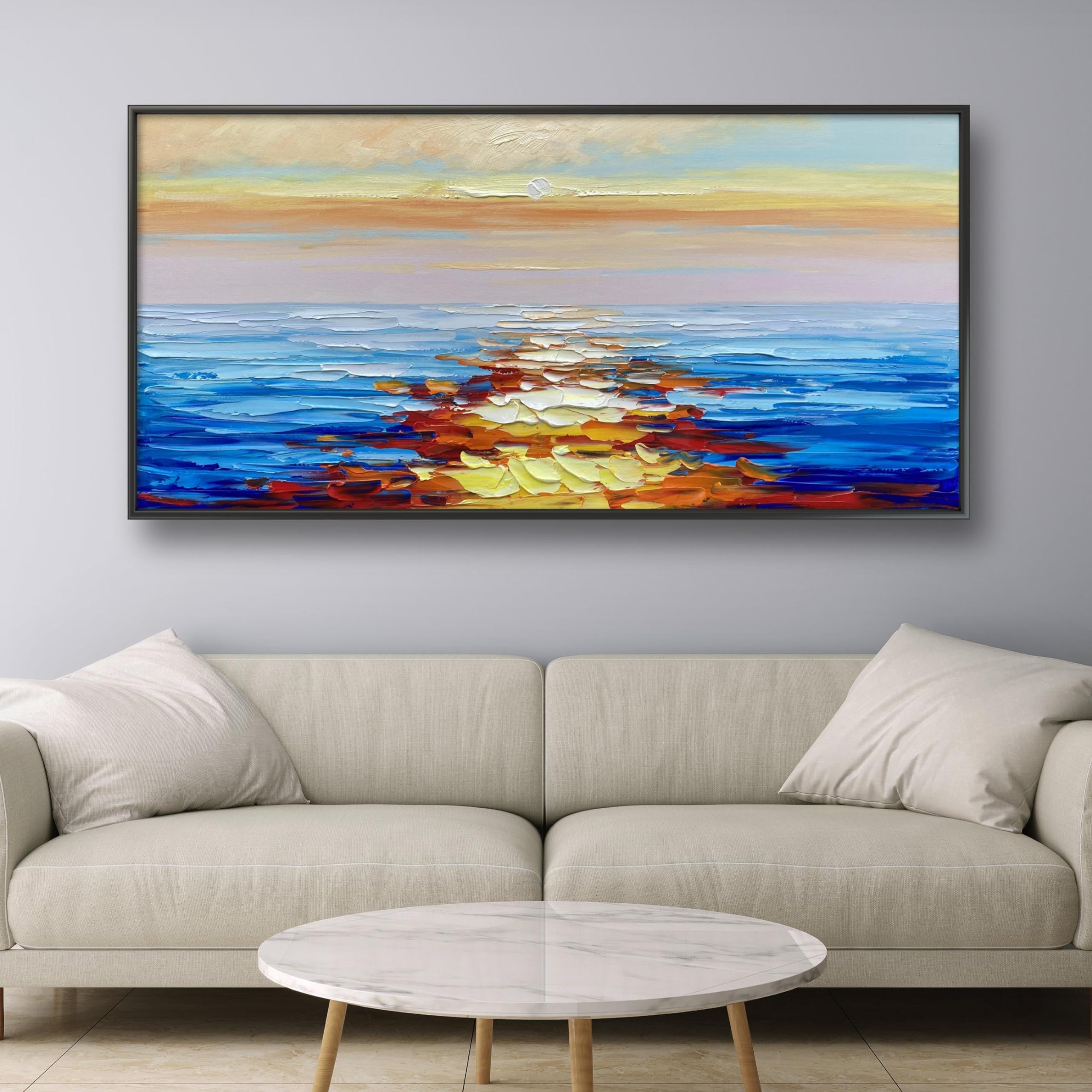 JENLLY Modern Wall Art 100% Hand-painted Oil Painting Sunrise Over the Sea Nature Picture Ready to Hang 24 * 48 Inch Canvas Wall Art for Living Room