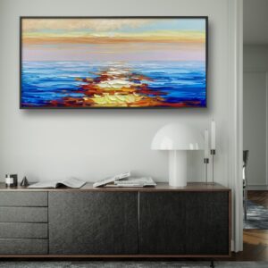 JENLLY Modern Wall Art 100% Hand-painted Oil Painting Sunrise Over the Sea Nature Picture Ready to Hang 24 * 48 Inch Canvas Wall Art for Living Room