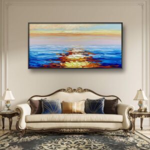 JENLLY Modern Wall Art 100% Hand-painted Oil Painting Sunrise Over the Sea Nature Picture Ready to Hang 24 * 48 Inch Canvas Wall Art for Living Room