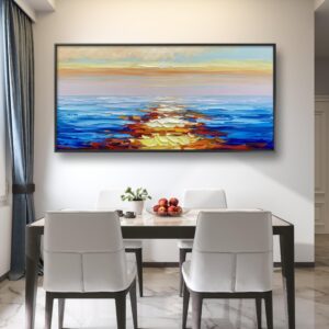 JENLLY Modern Wall Art 100% Hand-painted Oil Painting Sunrise Over the Sea Nature Picture Ready to Hang 24 * 48 Inch Canvas Wall Art for Living Room