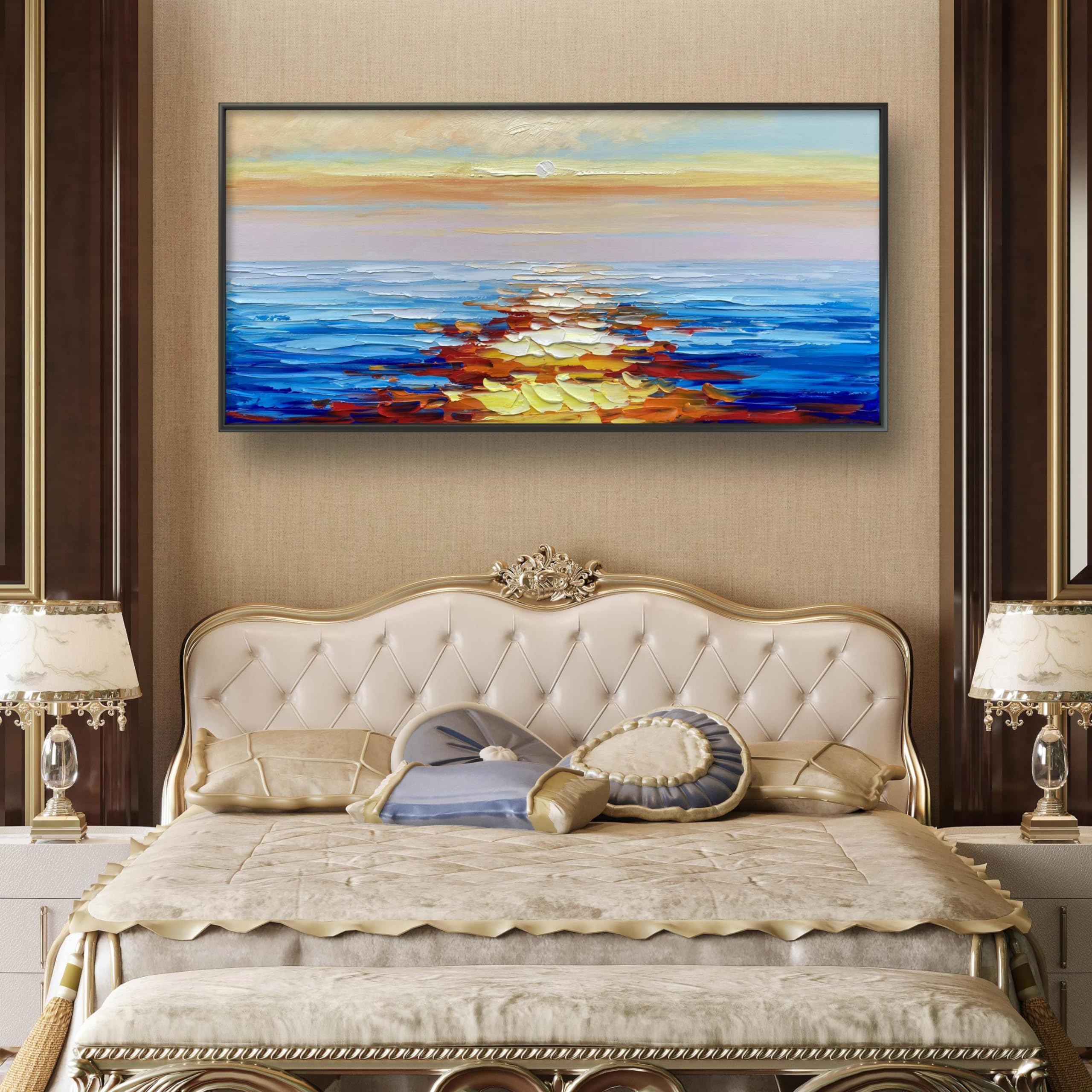 JENLLY Modern Wall Art 100% Hand-painted Oil Painting Sunrise Over the Sea Nature Picture Ready to Hang 24 * 48 Inch Canvas Wall Art for Living Room