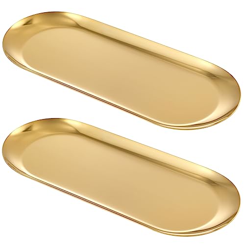 2PACK Gold Decorative Tray, Bathroom Vanity Tray for Dresser Counter, Kitchen Sink Tray for Soap Dispensers, Stainless Steel Jewelry Tray, Perfume Ring Key Candle Organizer Tray, Oval