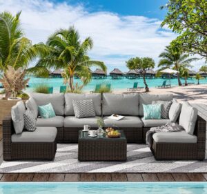 7 piece patio furniture set, rattan outdoor patio furniture sets with glass coffee table and seat cushions for backyard (grey, 7 pieces set)