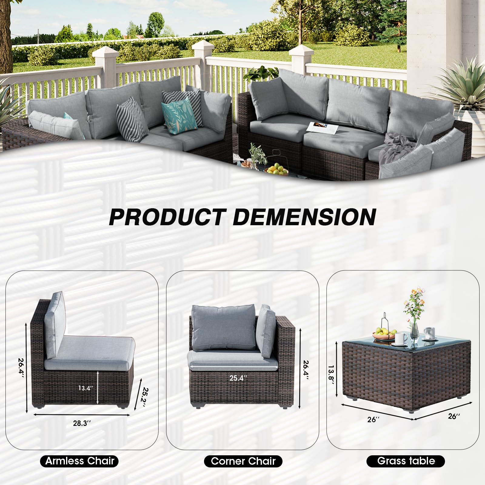 7 Piece Patio Furniture Set, Rattan Outdoor Patio Furniture Sets with Glass Coffee Table and Seat Cushions for Backyard (Grey, 7 Pieces Set)