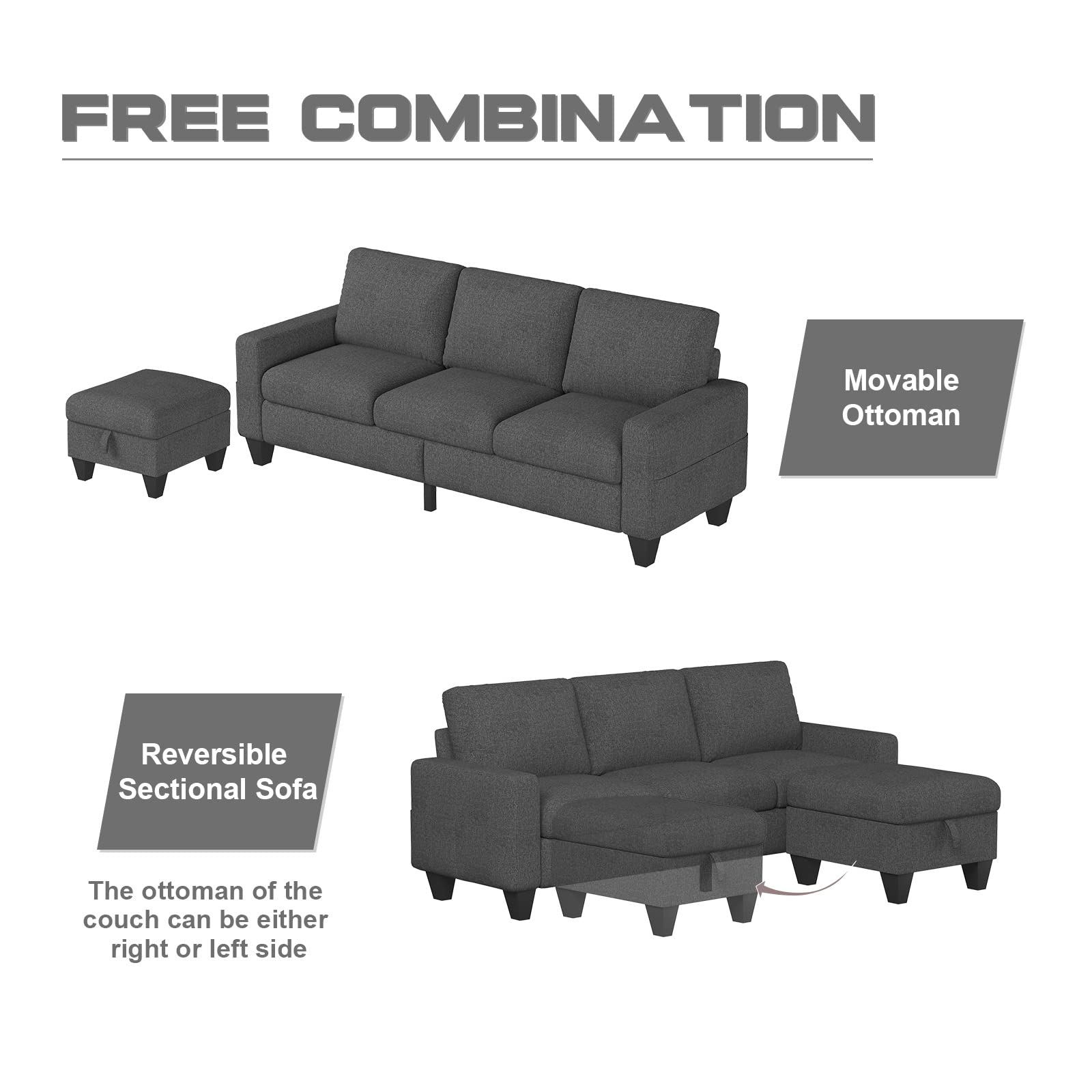 Dark Grey Convertible Sectional Sofa Couch,3 Seat L Shaped Sofa Couch with Storage Reversible Ottoman and Pockets, Modern Linen Upholstered Sofa Furniture Sets for Living Room Bedroom Small Space