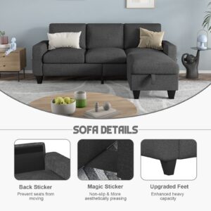 Dark Grey Convertible Sectional Sofa Couch,3 Seat L Shaped Sofa Couch with Storage Reversible Ottoman and Pockets, Modern Linen Upholstered Sofa Furniture Sets for Living Room Bedroom Small Space