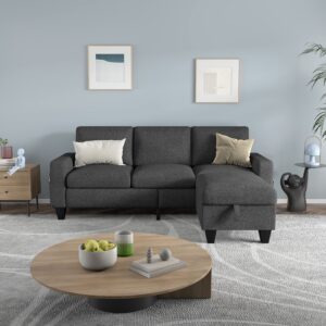 Dark Grey Convertible Sectional Sofa Couch,3 Seat L Shaped Sofa Couch with Storage Reversible Ottoman and Pockets, Modern Linen Upholstered Sofa Furniture Sets for Living Room Bedroom Small Space