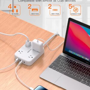 Surge Protector Power Strip with 2 USB C - 5 Ft Flat Extension Cord Flat Plug Power Strip, 4 Widely Outlets and 4 USB Charging Ports, Outlet Extender, 900 Joules, for Home Office Dorm Room Essentials