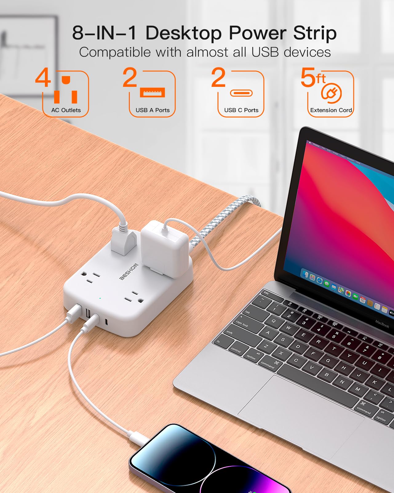 Surge Protector Power Strip with 2 USB C - 5 Ft Flat Extension Cord Flat Plug Power Strip, 4 Widely Outlets and 4 USB Charging Ports, Outlet Extender, 900 Joules, for Home Office Dorm Room Essentials