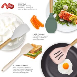 Silicone Cooking Utensils Set - 446°F Heat Resistant Silicone Kitchen Utensils for Cooking,Kitchen Utensil Spatula Set w Wooden Handles and Holder, BPA FREE Gadgets for Non-Stick Cookware (Colorful)