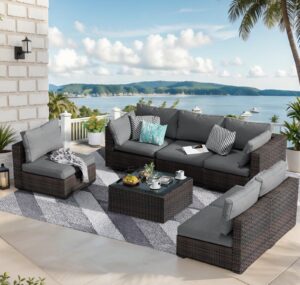 grezone patio furniture set 7 piece outdoor wicker sectional sofa - all weather high backrest pe rattan couch conversation set with cushion & glass top table for backyard deck porch, (grey)