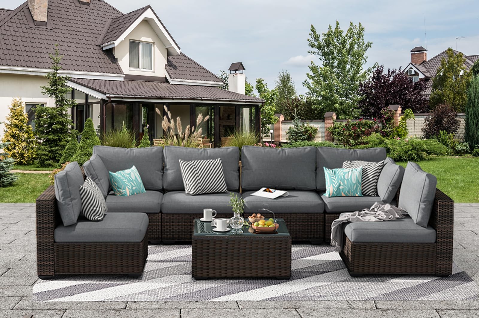 Grezone Patio Furniture Set 7 Piece Outdoor Wicker Sectional Sofa - All Weather High Backrest PE Rattan Couch Conversation Set with Cushion & Glass Top Table for Backyard Deck Porch, (grey)