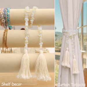 Natural Gemstone Bead Garland with Tassel,31inch Farmhouse Rustic Country Table Decor Prayer Healing Beads Boho Wall Shelf Hanging Decoration (Opal)