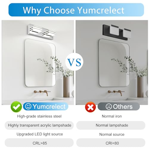 yumcrelect LED Vanity Light, 12W Light Mirror Front Vanity Lamp Modern Acrylic Stainless Steel Bath Wall Vanity Lighting Over Mirror Chrome 2-light Bathroom Bedroom Lighting Fixtures