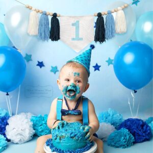 Boy Blue Yarn Tassel Garland 1st Birthday High Chair Banner - Navy Blue Birthday Decor, Cake Smash Photo Prop, Background Photo Prop, Baby Nursery Decor (Blue 1 Tassel)