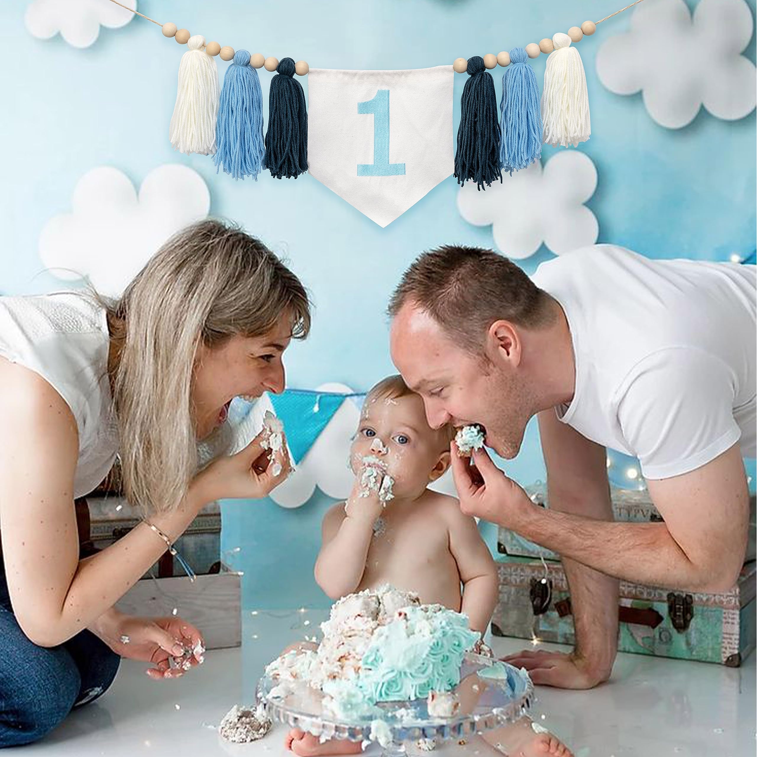 Boy Blue Yarn Tassel Garland 1st Birthday High Chair Banner - Navy Blue Birthday Decor, Cake Smash Photo Prop, Background Photo Prop, Baby Nursery Decor (Blue 1 Tassel)