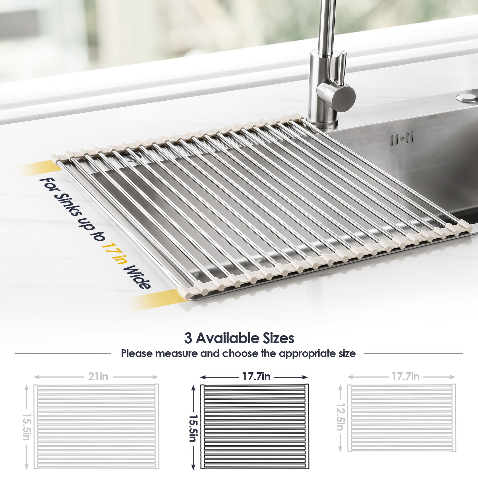 Tomorotec 17.7" x 15.5" Roll Up Dish Drying Rack Over Sink Drying Rack Sink Cover Kitchen Sink Accessories Gadget Multipurpose Organizer Foldable Stainless Steel Drainer