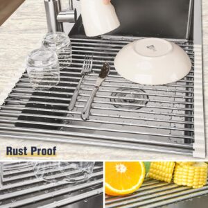 Tomorotec 17.7" x 15.5" Roll Up Dish Drying Rack Over Sink Drying Rack Sink Cover Kitchen Sink Accessories Gadget Multipurpose Organizer Foldable Stainless Steel Drainer