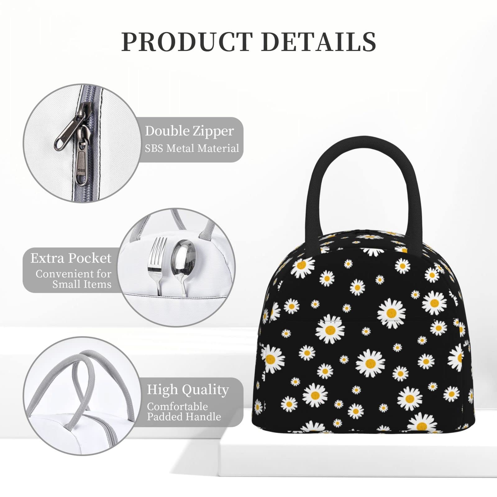 Mokigol Daisy Lunch Box Insulated Reusable Lunch Bag for Women/Men,Adult Thermal Tote Lunch Box, Portable Leakproof Cooler Bags for Work/School/Picnic/Travel/Beach