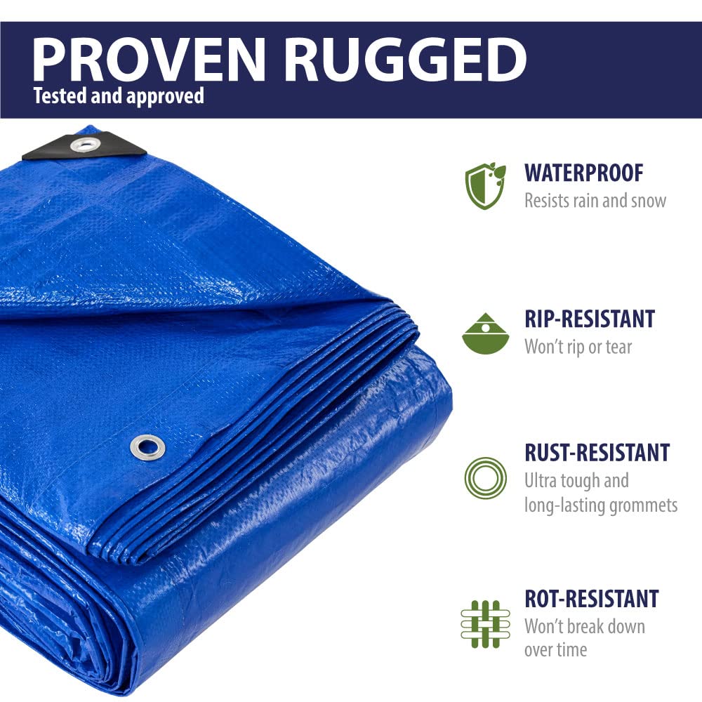 Rugged Rhino All Weather 100% Waterproof Heavy Duty Tarp, 2 Pack, 5 Mil UV Temperature Resistant Tarps, High Durability Multipurpose Cover, for Home Outdoor Patio Winter Leaf Camping, 9x12 Blue