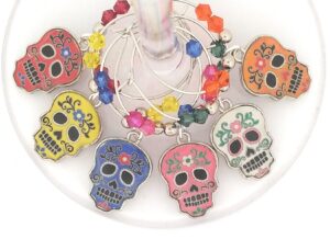 cinco de mayo skull wine charms, day of the dead sugar skull glass identifier tags, halloween glass markers, halloween wine charms, party supplies - 6 wine charms/pack