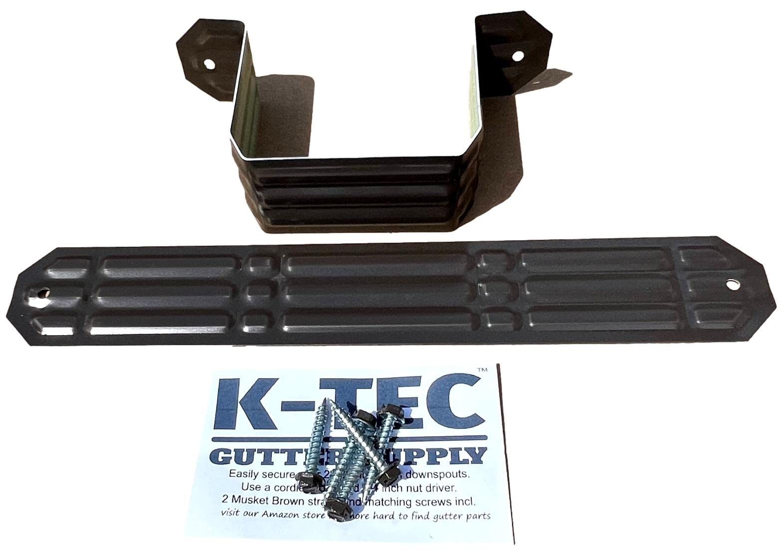 K-TEC (2 Pack) Downspout Strap for 2 inch x 3 inch Aluminum Rain Gutter - Leader Pipe Adapter with Color Matched Screws. Musket Brown Set of 2 for 1 Downspout.