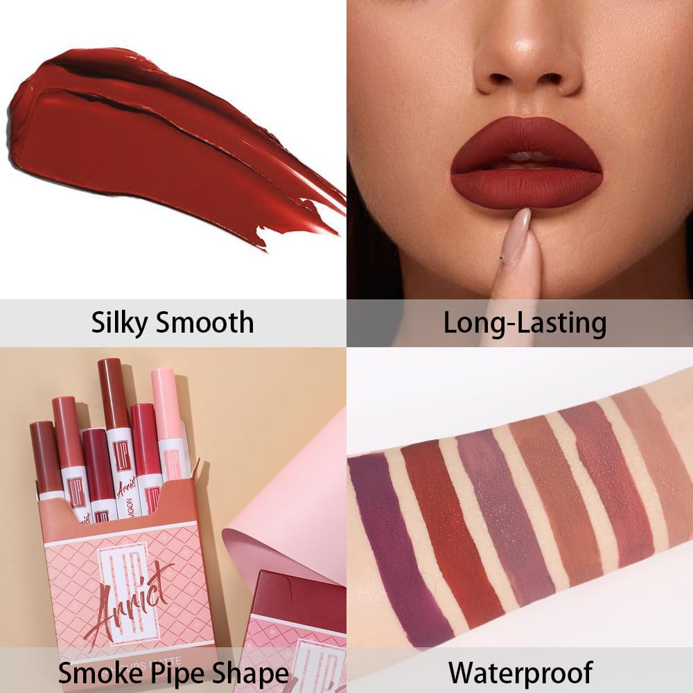 evpct 6Pcs Matte Liquid Lipstick Lip Stain Set Dark Red Nude Beige Brown Orange Mauve Purple Stay on Matte Waterproof Long Lasting Lipstick labiales mate 24 horas originales labial permanente 02