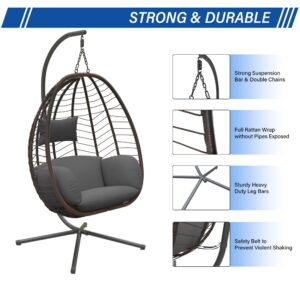 ALAULM Egg Swing Chair Outdoor Indoor Wicker Rattan Hanging Chair with Stand 350lbs Capacity w/Strong Frame & Grey Cushions for Patio Balcony Bedroom