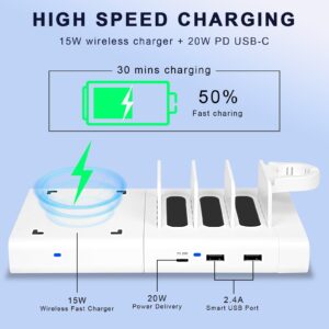 MERGROLY 75W Charging Station for Multiple Devices, 5 in 1 Fast Charging Station with 20W PD Port and 15W Wireless Charging Dock, Watch Holder, for Phone/Kindle/iPad/Tablet (5 Short Cables Included)