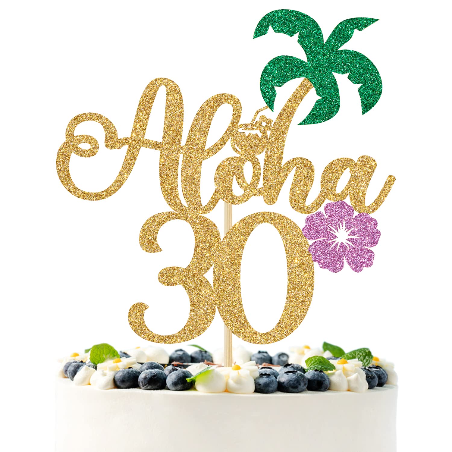 Gold Glitter Aloha 30 Cake Topper, Hello 30/Cheers to 30 Years/Happy 30th Birthday/Anniversay, Tropical Hawaiian Themed 30th Anniversary/Birthday Party Decorations